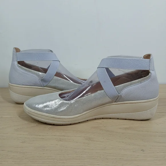 Vionic Ellery Silver Metallic Leather Ankle Strap Comfort Wedge Flats 1352 - Picture 4 of 12